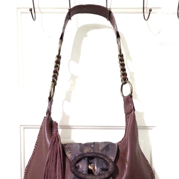 NEW Carlos Falchi CHI Brown 100% Leather Snake Skin Crescent Shoulder Bag Purse - Picture 3 of 13